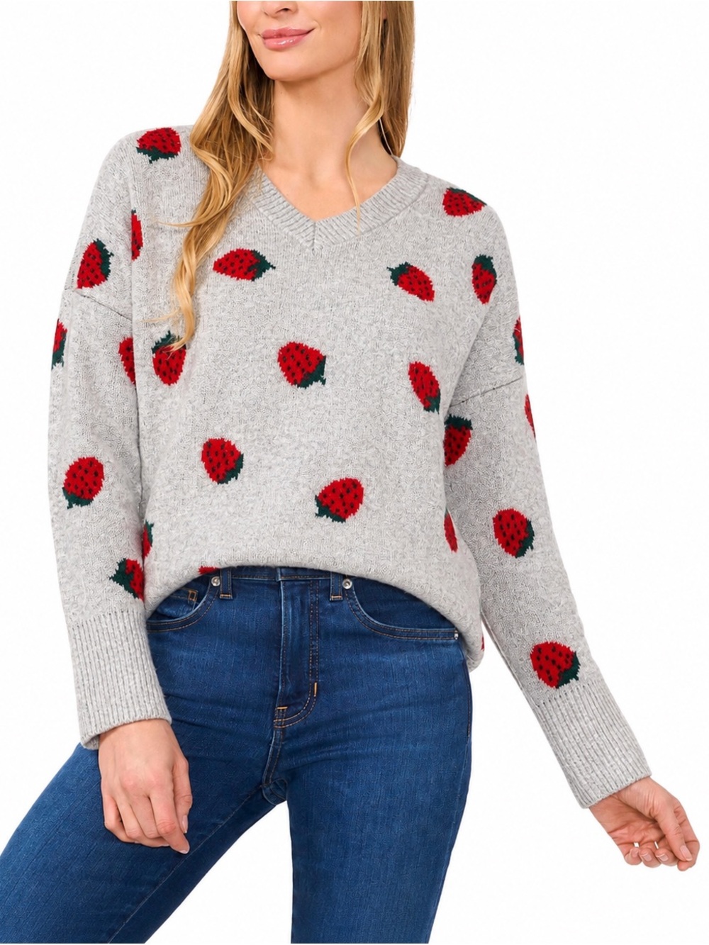 CeCe Women's Strawberry Jacquard V-Neck Sweater grey (Medium)